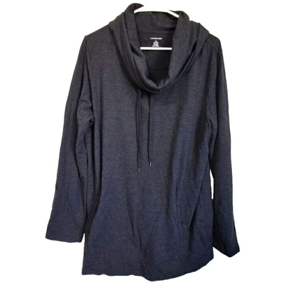Lands' End Women's L Gray Cowl Neck Pullover Tunic Long Roll Tab Sleeves Pockets